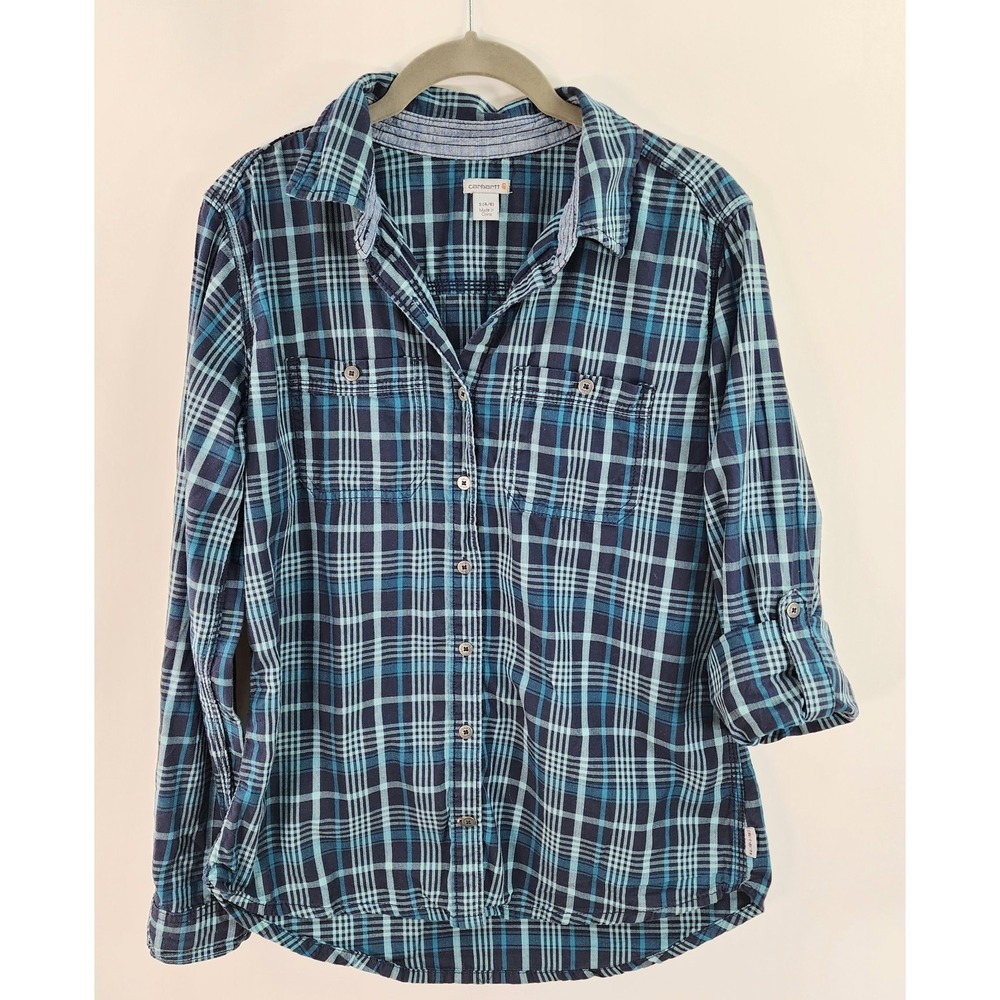 Carhartt Flannel Plaid Button Up Shirt Women's S Blue Teal Roll Tab Sleeve